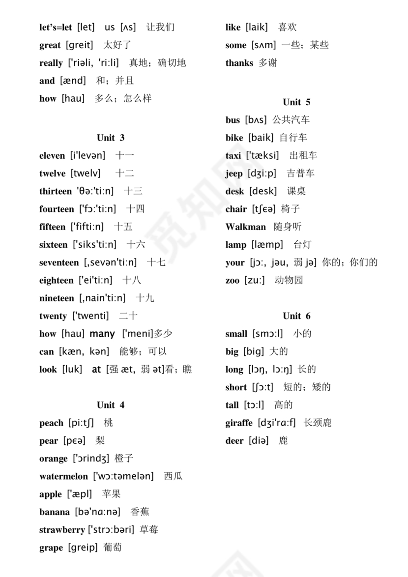 人教版小学英语单词表3至6年级打印免费