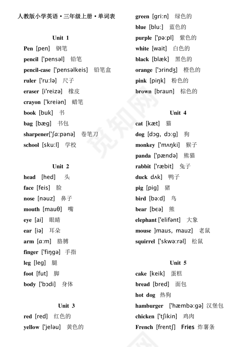 人教版小学英语单词表3至6年级打印免费