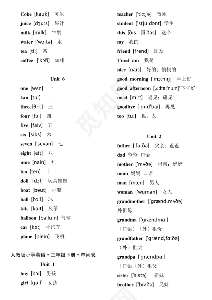 人教版小学英语单词表3至6年级打印免费