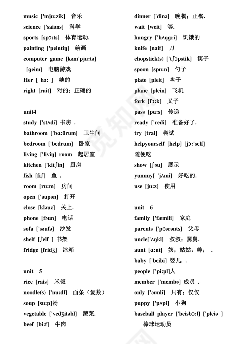 人教版小学英语单词表3至6年级打印免费