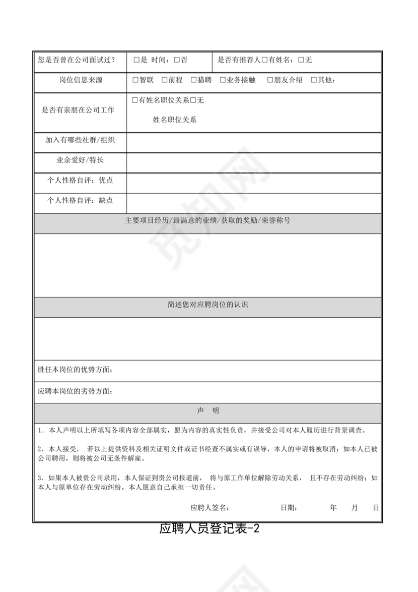 应聘人员登记表