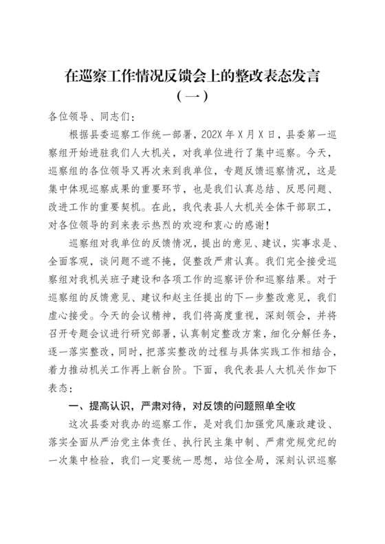 在巡察工作情况反馈会上的表态发言