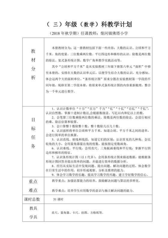 人教版四年级数学上册教学计划及进度表