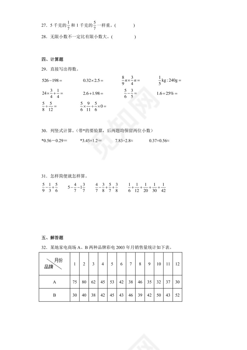 六年级数学小升初必考题试卷