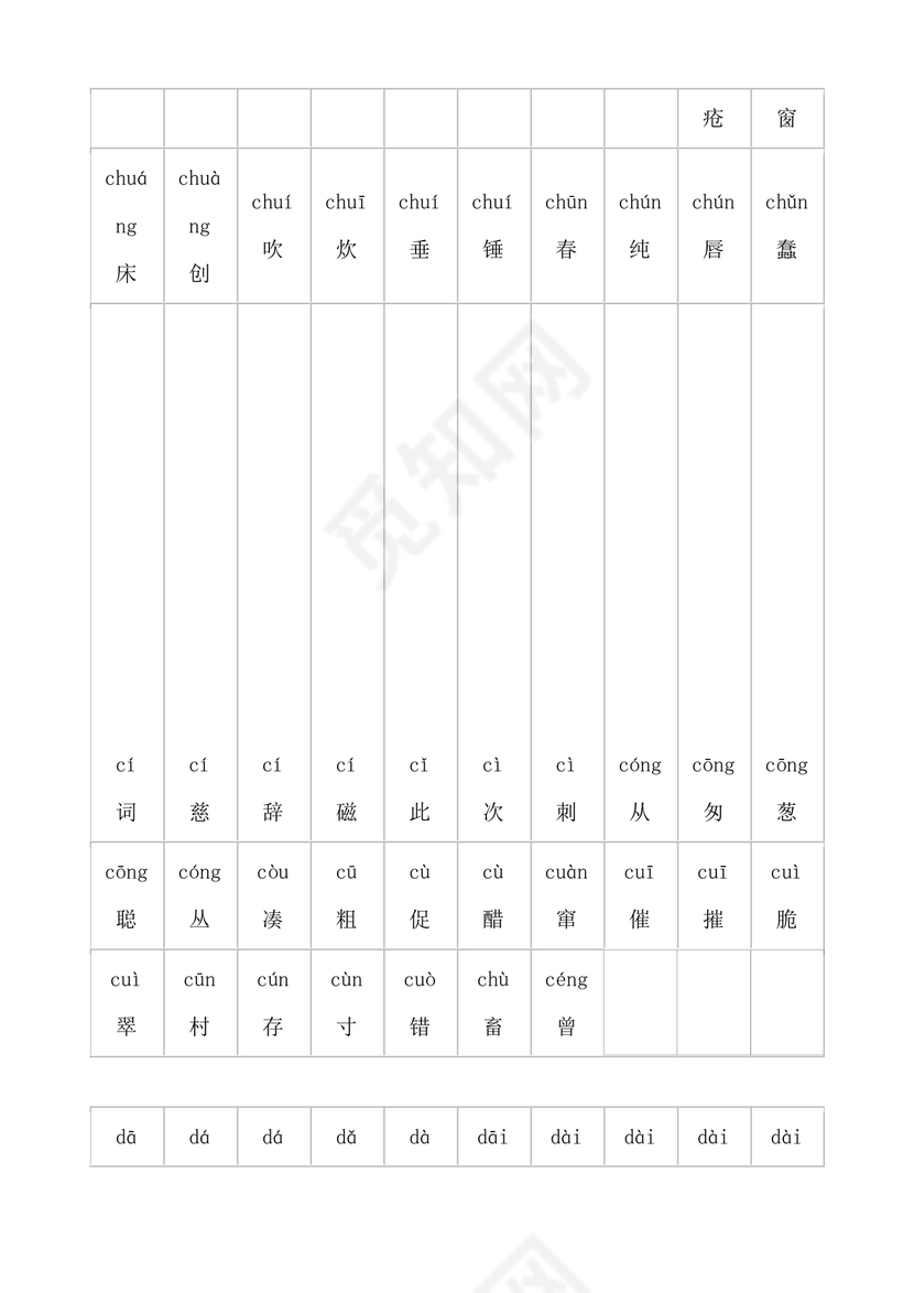 儿童识字测试表