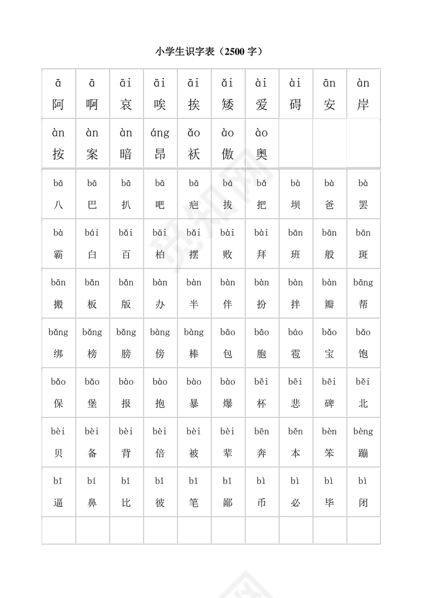 儿童识字测试表