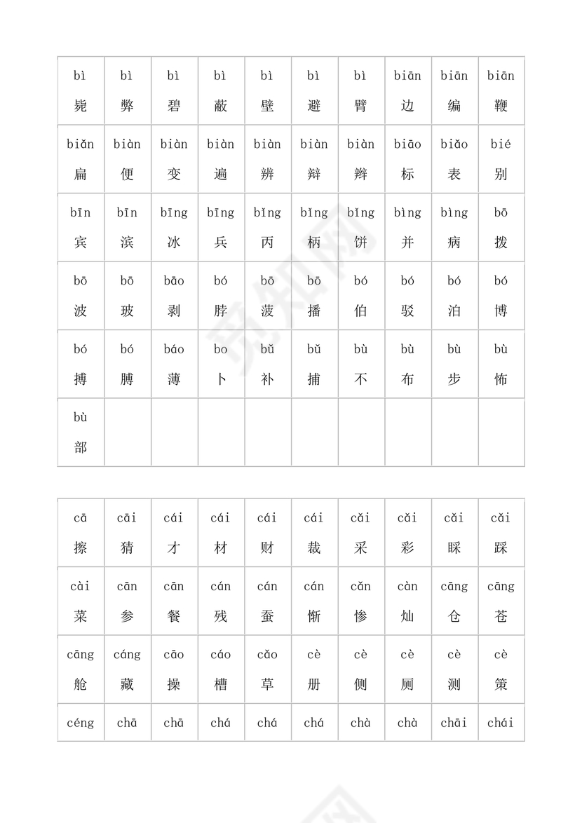 儿童识字测试表