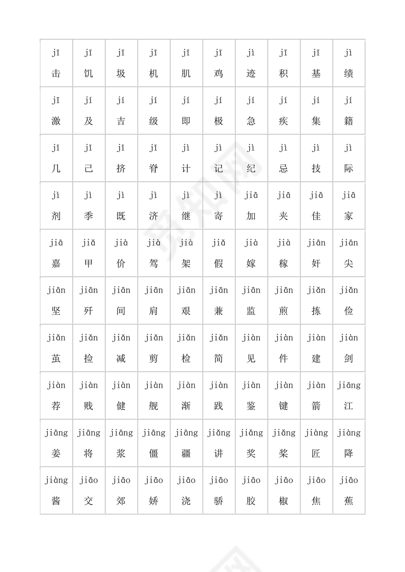 儿童识字测试表