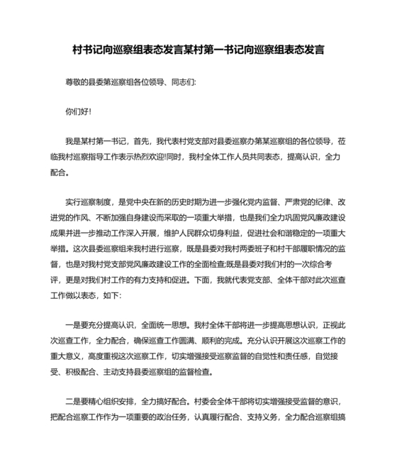 巡察动员会村书记表态发言