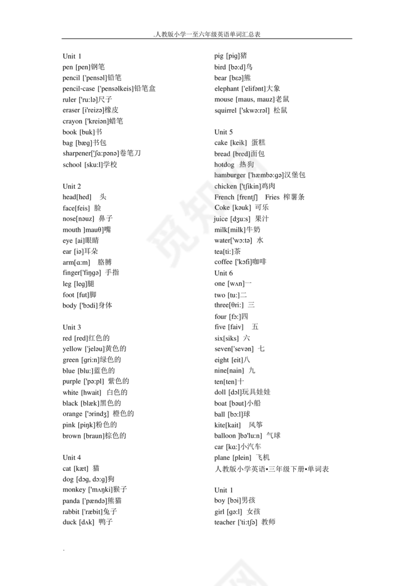 小学英语单词汇总大全