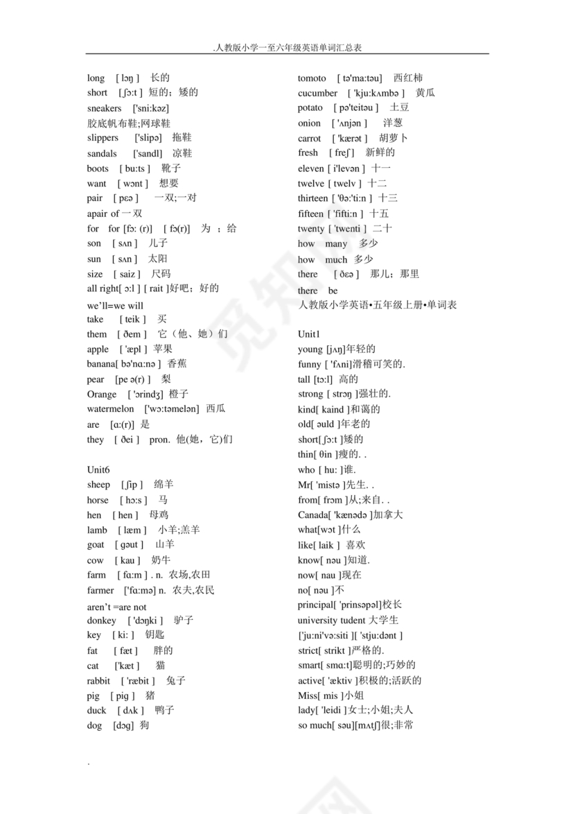 小学英语单词汇总大全