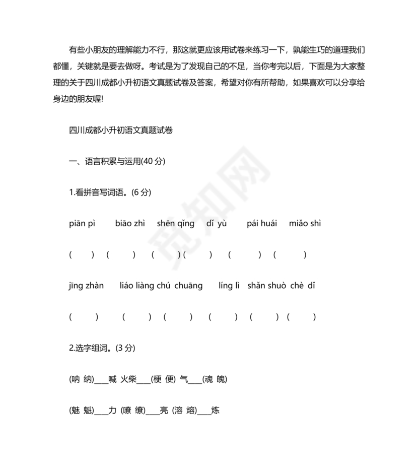 成都小升初分班语文考试