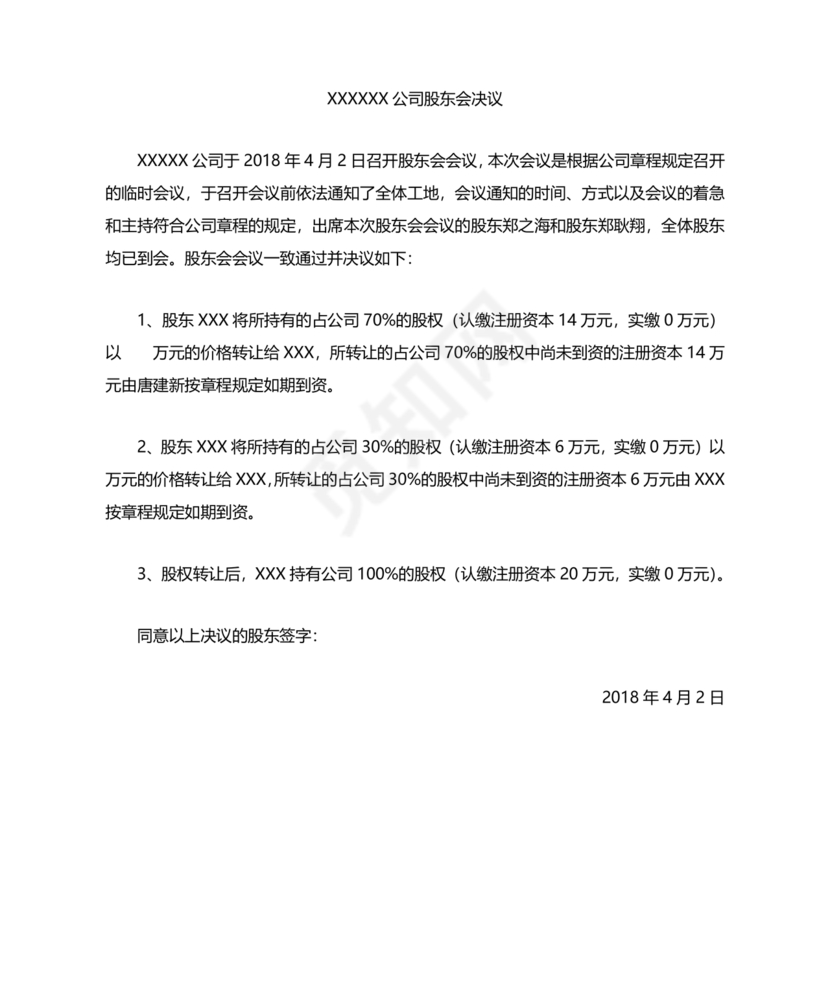 股权转让股东会议决议范本