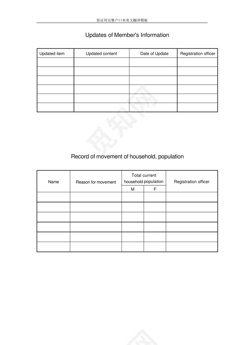 户口本翻译模板英文签证