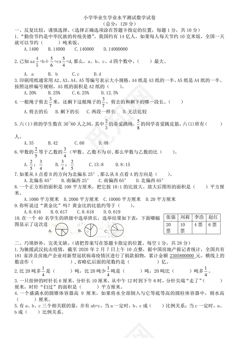 沭阳小升初分班考试试卷