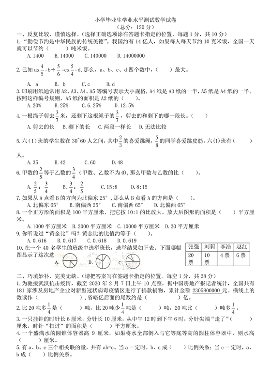 沭阳小升初分班考试试卷