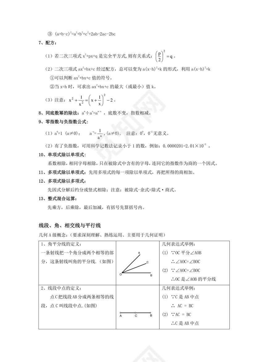 初一数学知识点归纳大全