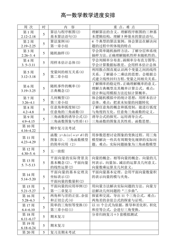 高一数学必修一教学计划和进度安排