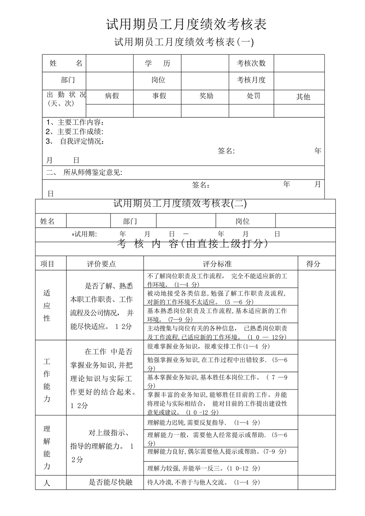 试用期考核表
