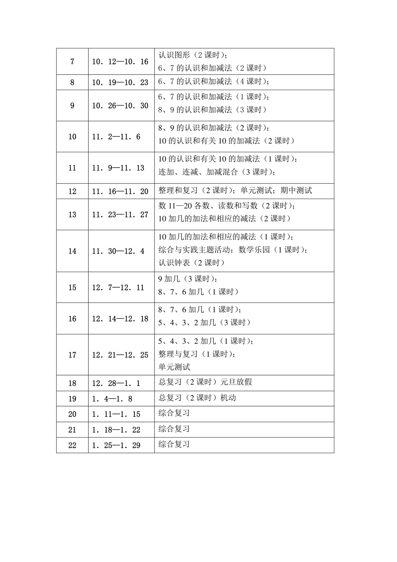 人教版数学一年级上册教学计划