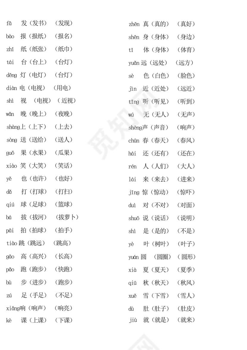 一年级上册语文生字表