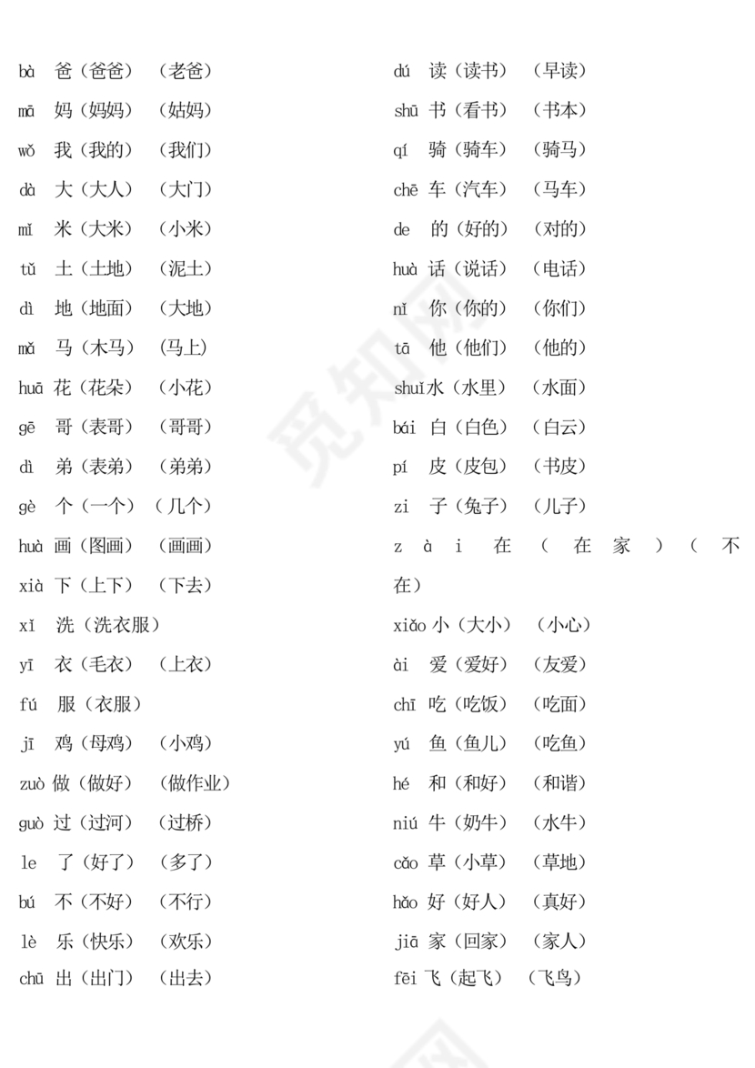 一年级上册语文生字表
