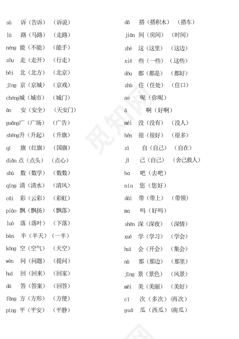 一年级上册语文生字表