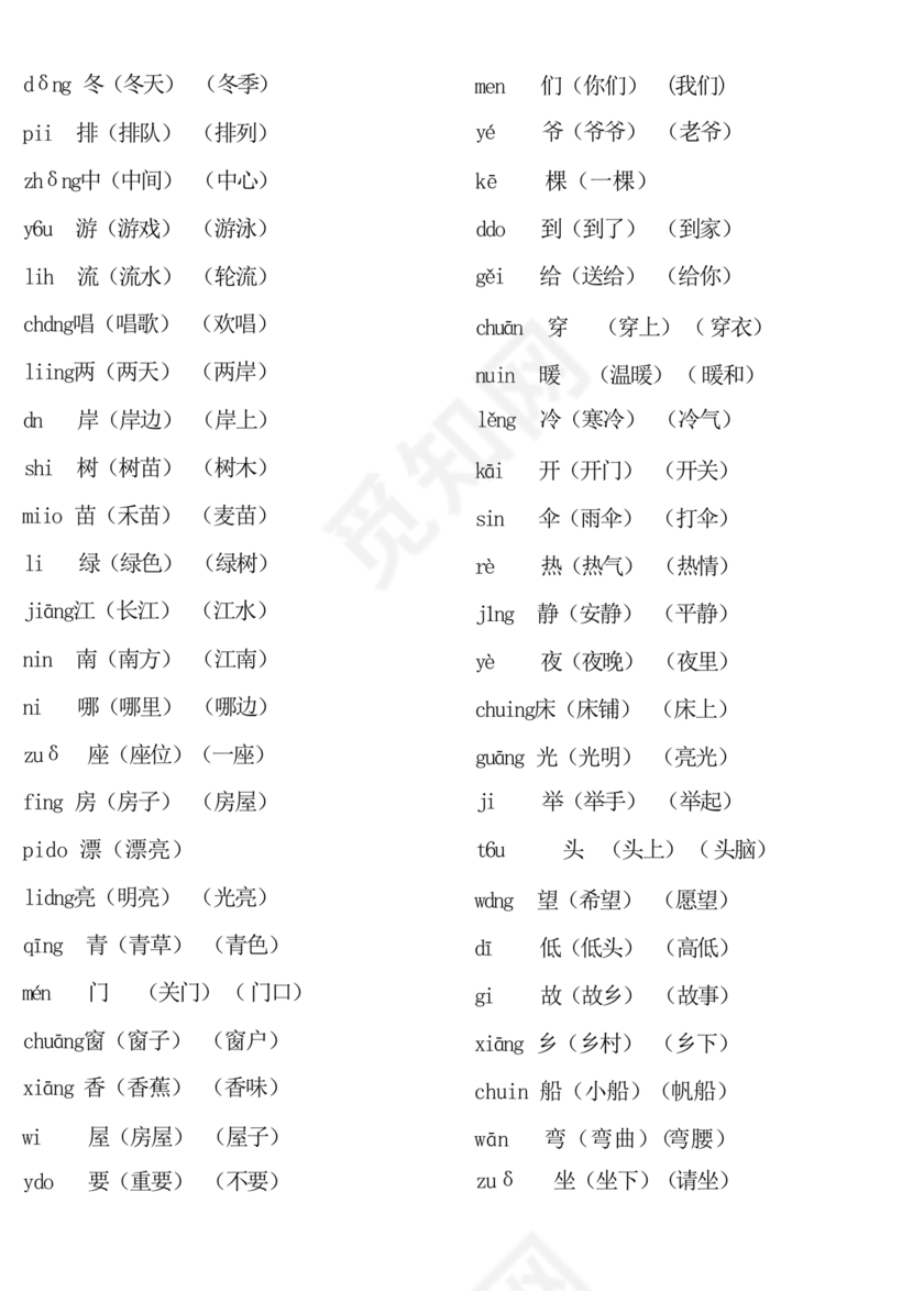 一年级上册语文生字表