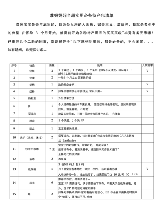 待产包必备清单明细表