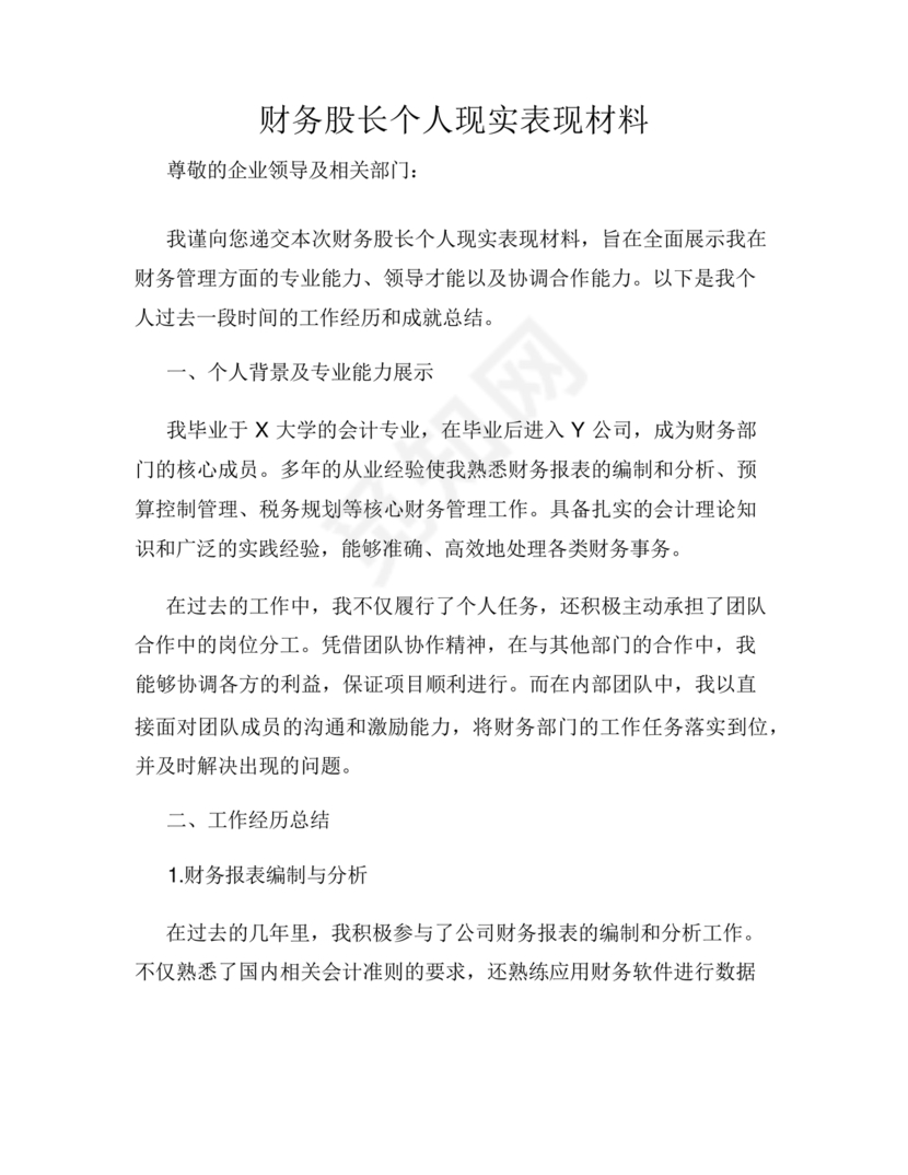 财务个人现实表现模板范文
