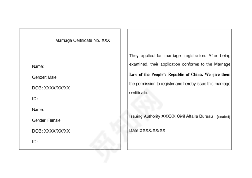 结婚证翻译模板英文版