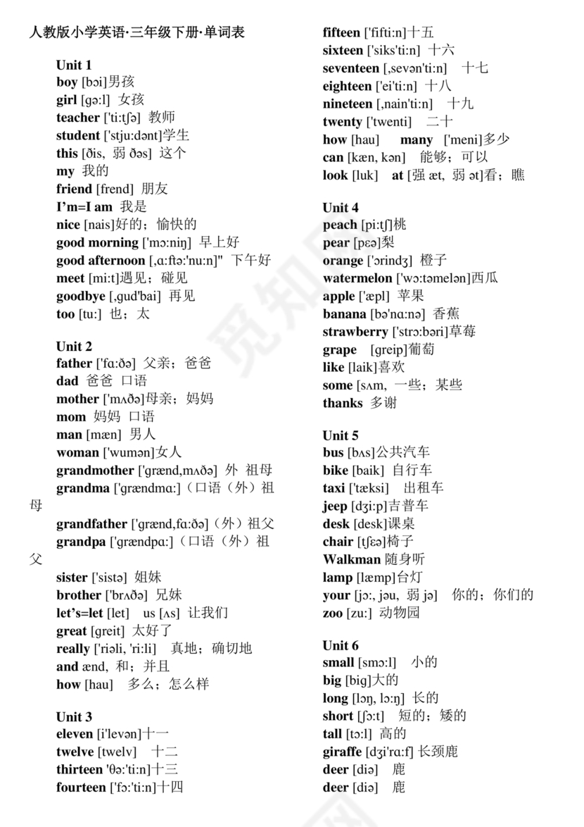 人教版小学英语单词表3至6年级打印免费
