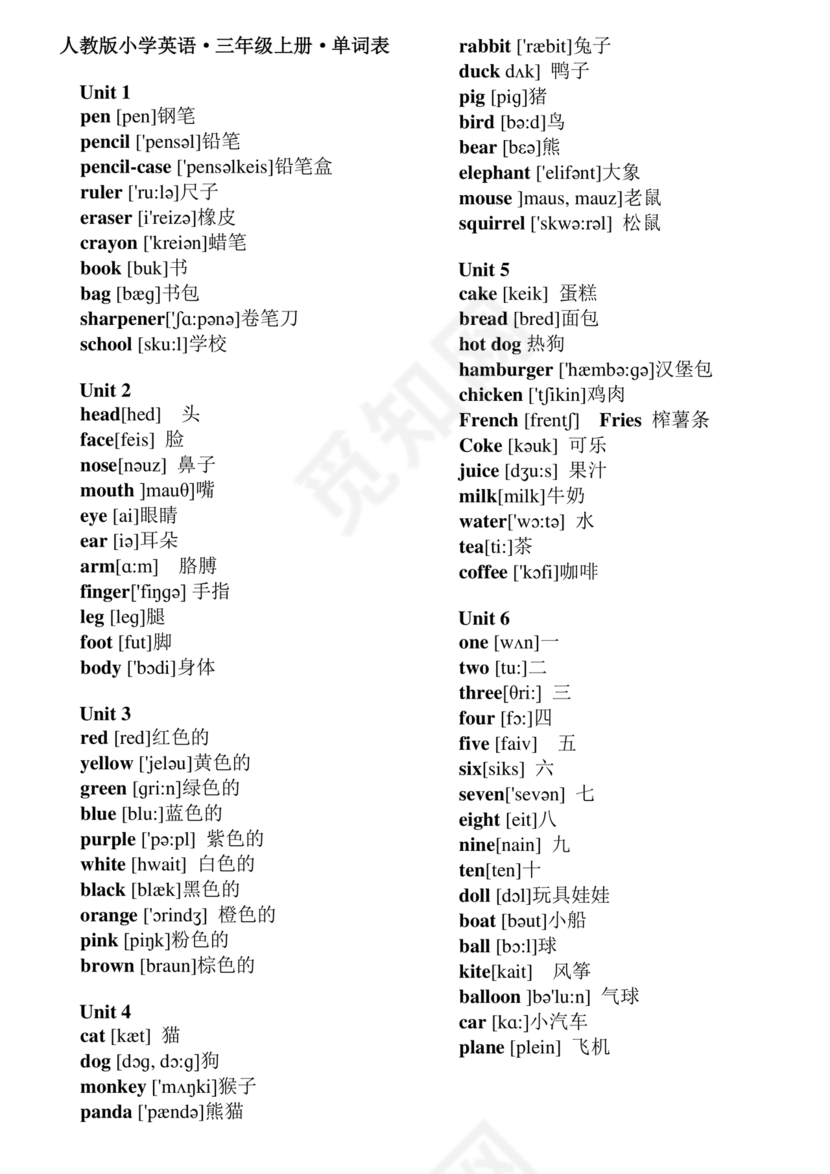 人教版小学英语单词表3至6年级打印免费