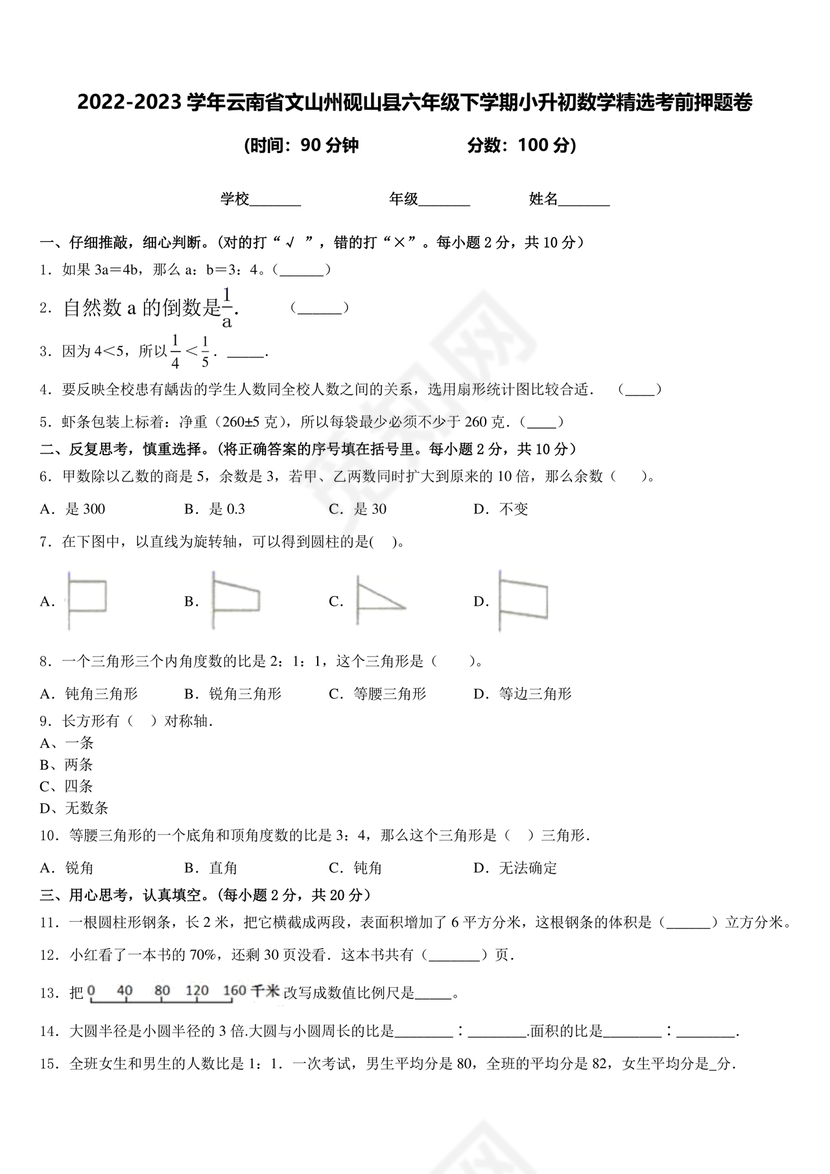 云南文山小升初模拟试卷