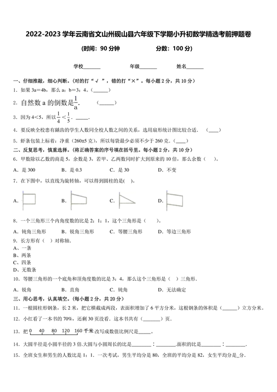 云南文山小升初模拟试卷