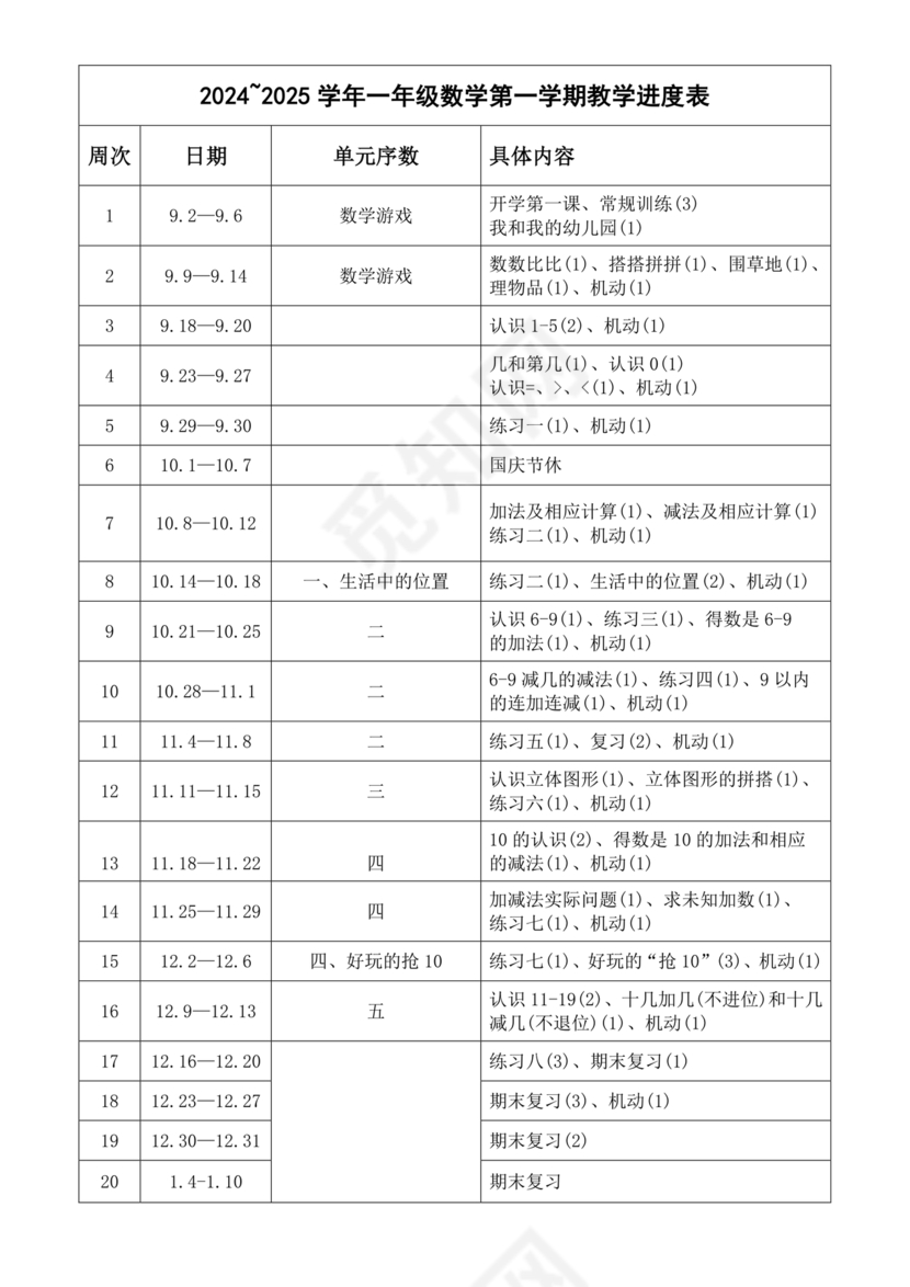 一年级上册数学教学计划