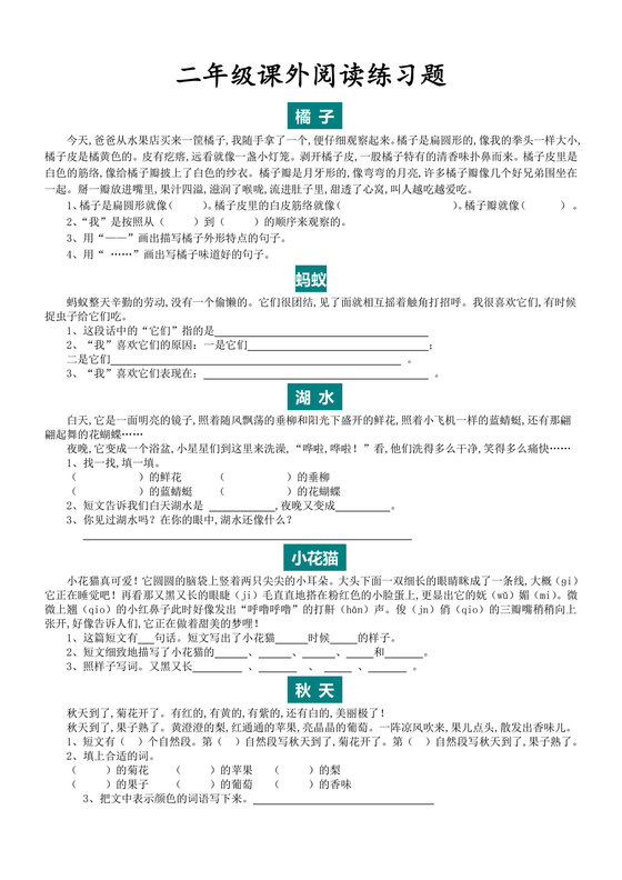 二年级语文阅读理解专项训练二年级阅读理解训练题可打印