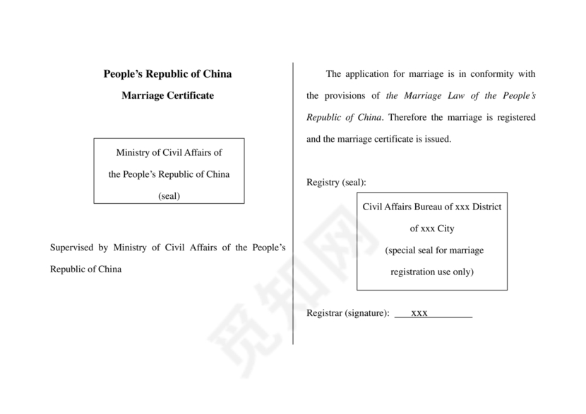 结婚证翻译模板英文版