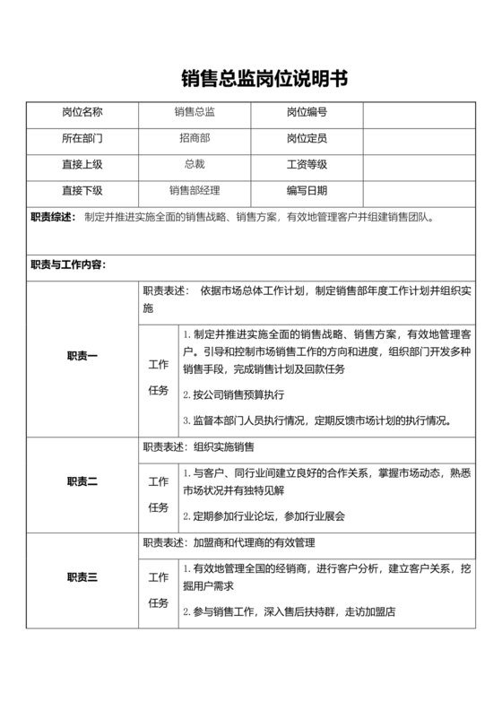 销售总监岗位职责