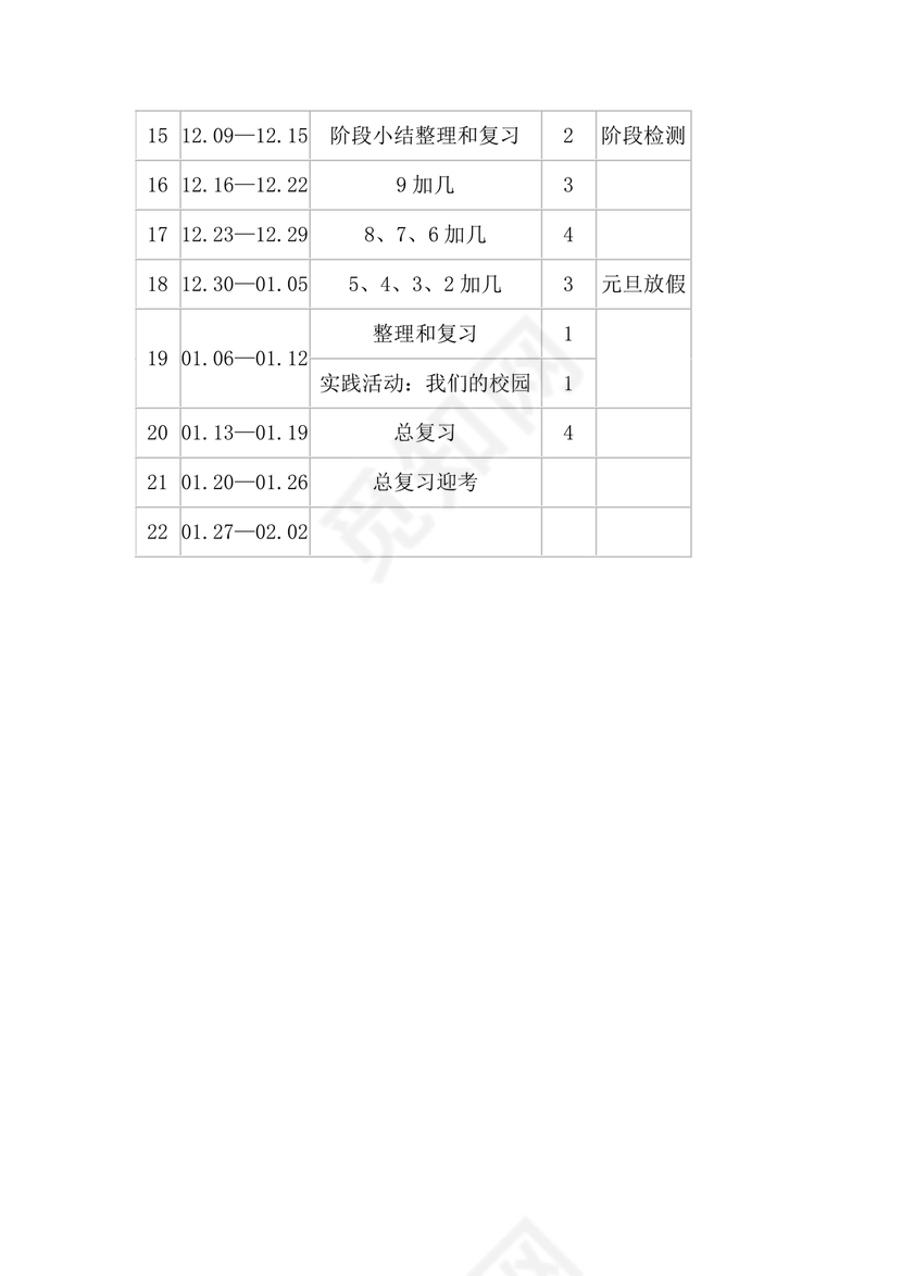 人教版数学一年级上册教学计划