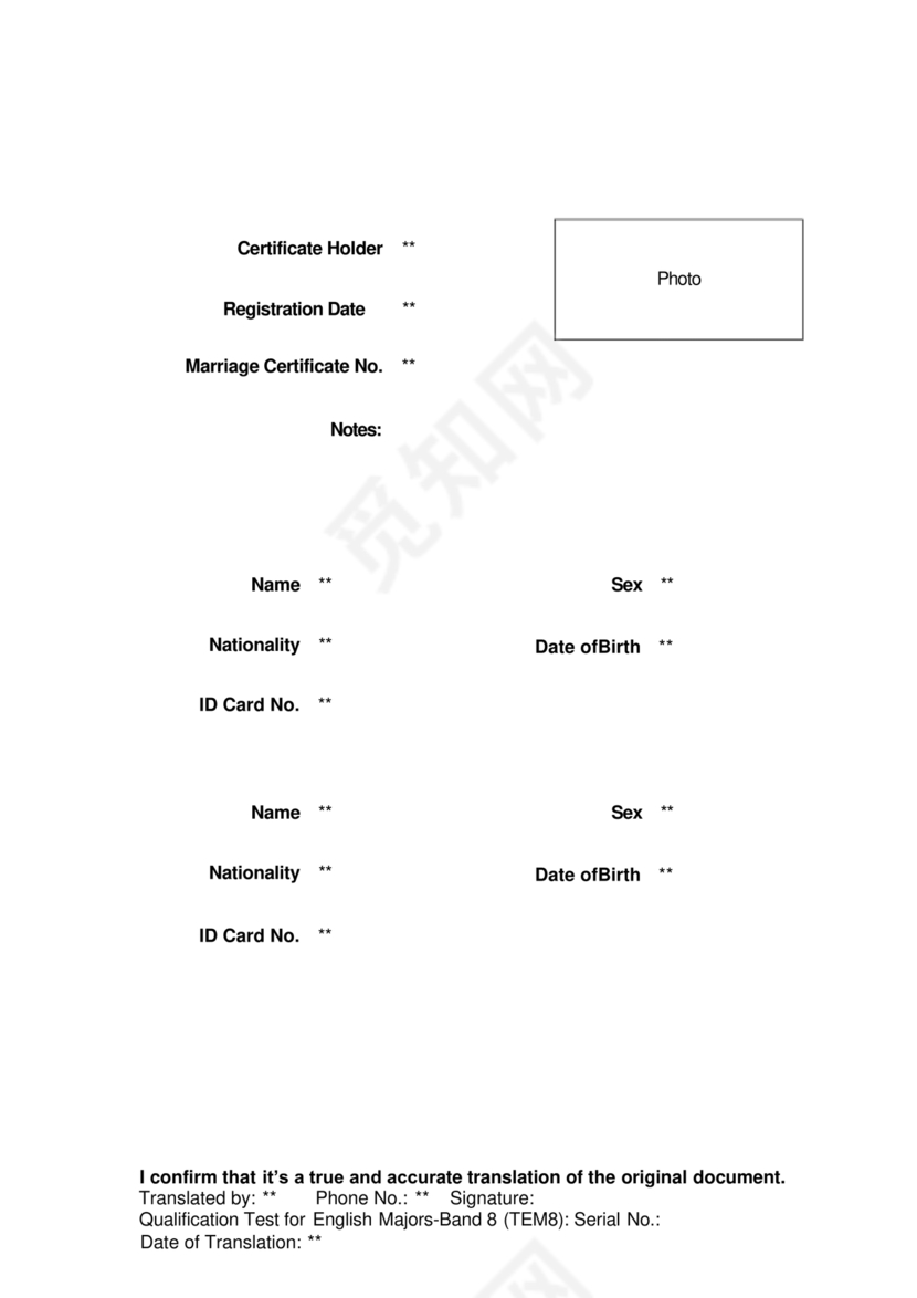 结婚证翻译模板英文版