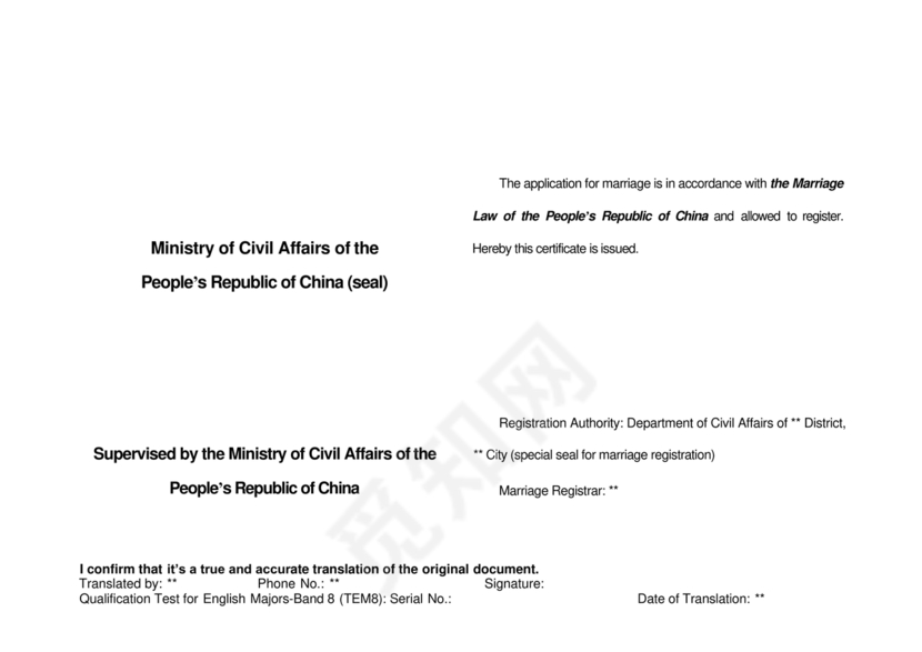 结婚证翻译模板英文版