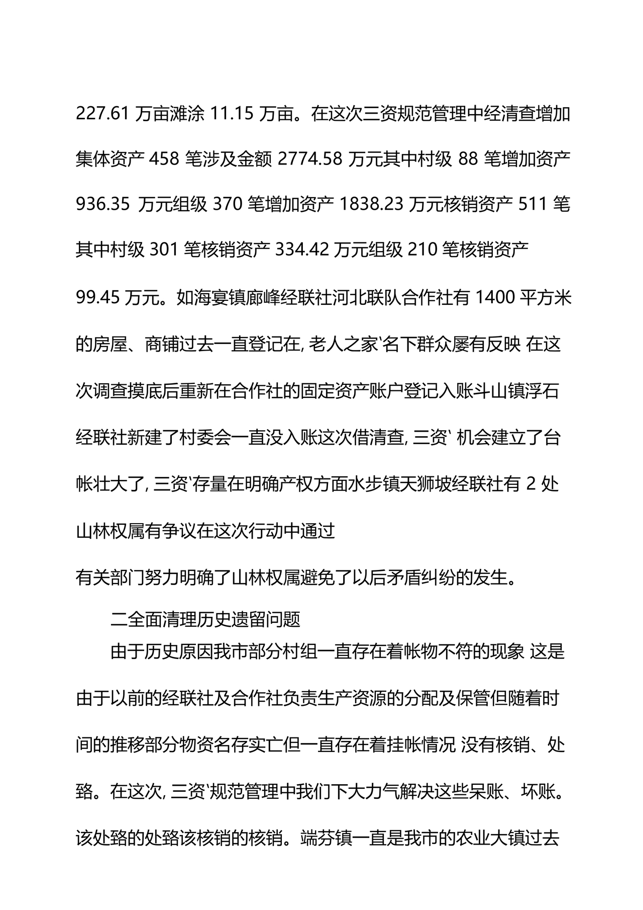 农村集体三资管理问题专项整治工作总结