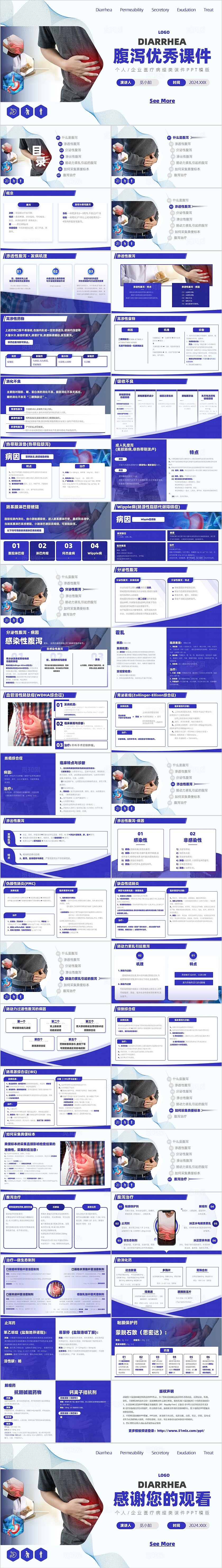 蓝色简约实拍腹泻病人护理医疗PPT模版医疗护理