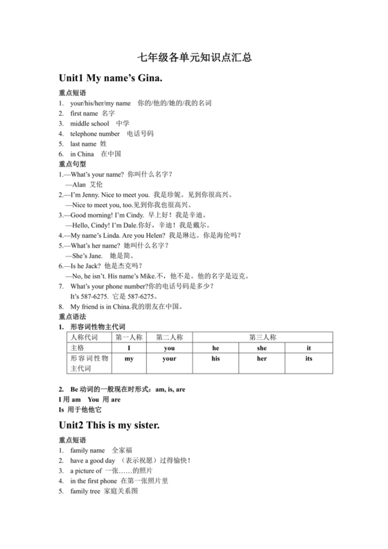 七年级上册英语知识点总结归纳