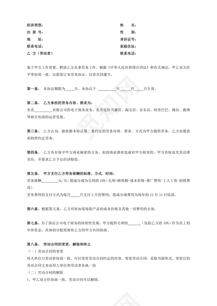 电商运营劳动合同范本下载