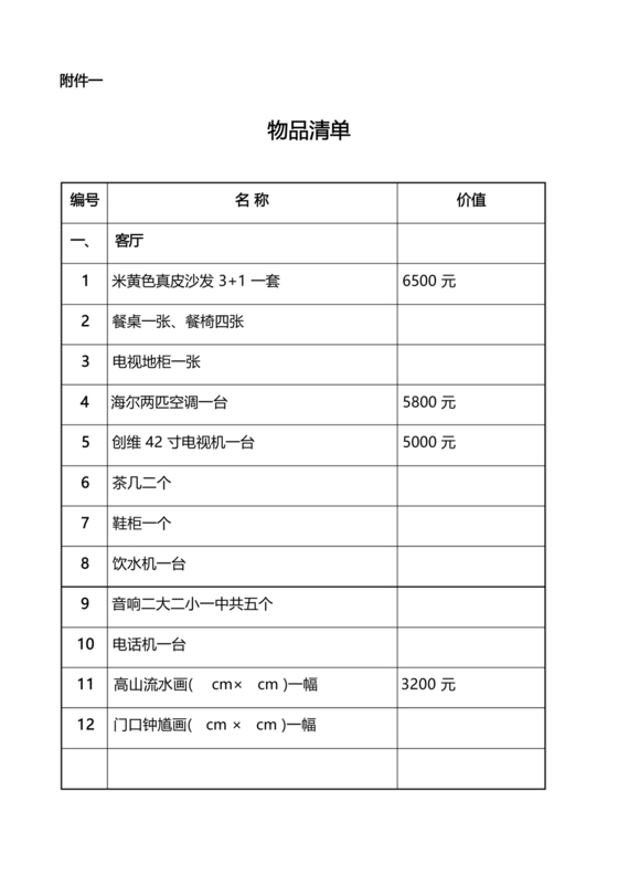 租房合同附件物品清单