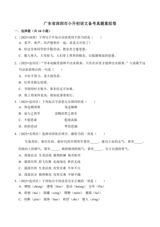 深圳市小升初试卷真题2029