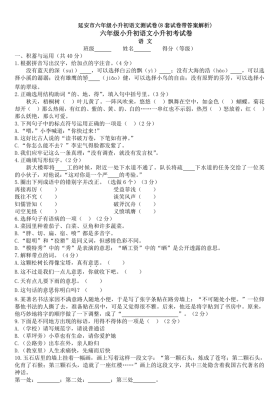 延安宝塔区小升初语文试卷