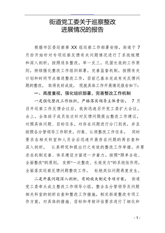 巡察组关于巡察反馈问题整改情况报告